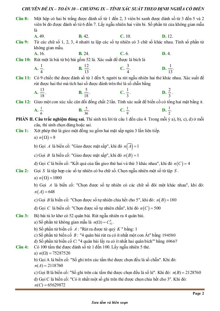 đề kiểm tra theo bài học chủ đề tính xác suất theo định nghĩa cổ điển 1