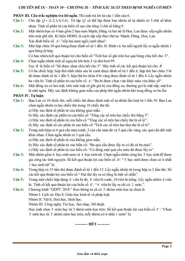 đề kiểm tra theo bài học chủ đề tính xác suất theo định nghĩa cổ điển 2