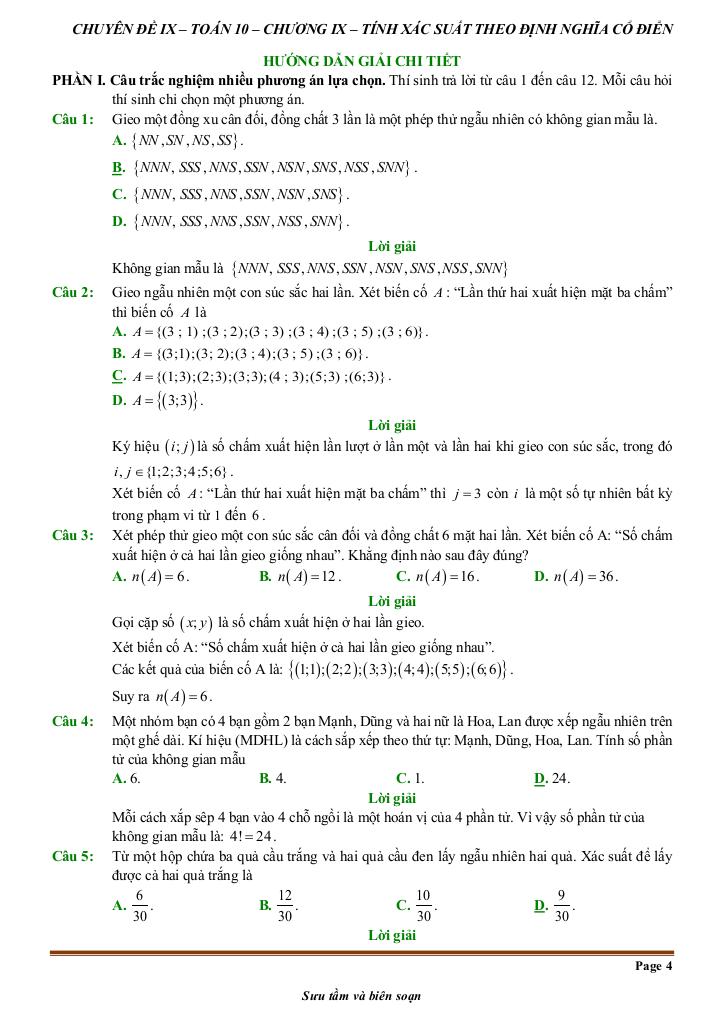 đề kiểm tra theo bài học chủ đề tính xác suất theo định nghĩa cổ điển 3