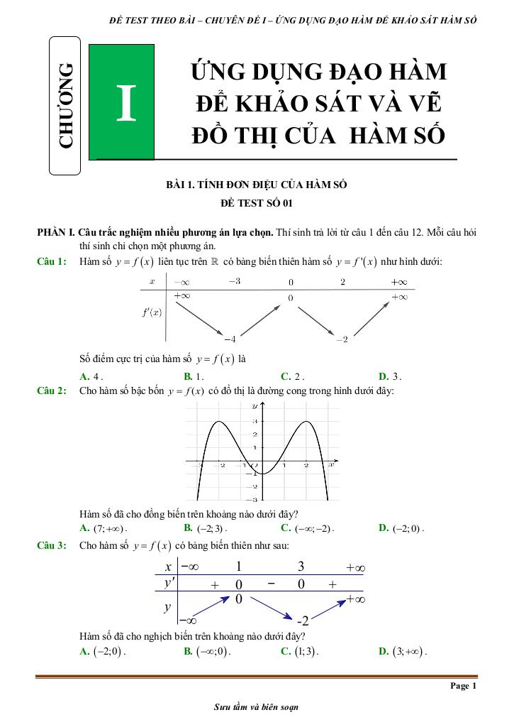 đề kiểm tra theo bài học chủ đề ứng dụng đạo hàm để khảo sát và vẽ đồ thị hàm số 0