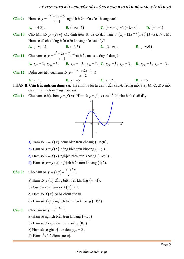 đề kiểm tra theo bài học chủ đề ứng dụng đạo hàm để khảo sát và vẽ đồ thị hàm số 2