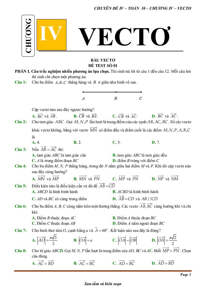 đề kiểm tra theo bài học chủ đề vectơ 0