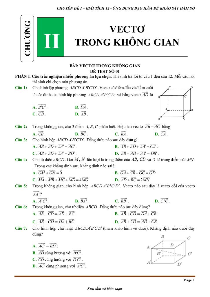 đề kiểm tra theo bài học chủ đề vectơ và hệ trục tọa độ trong không gian 0