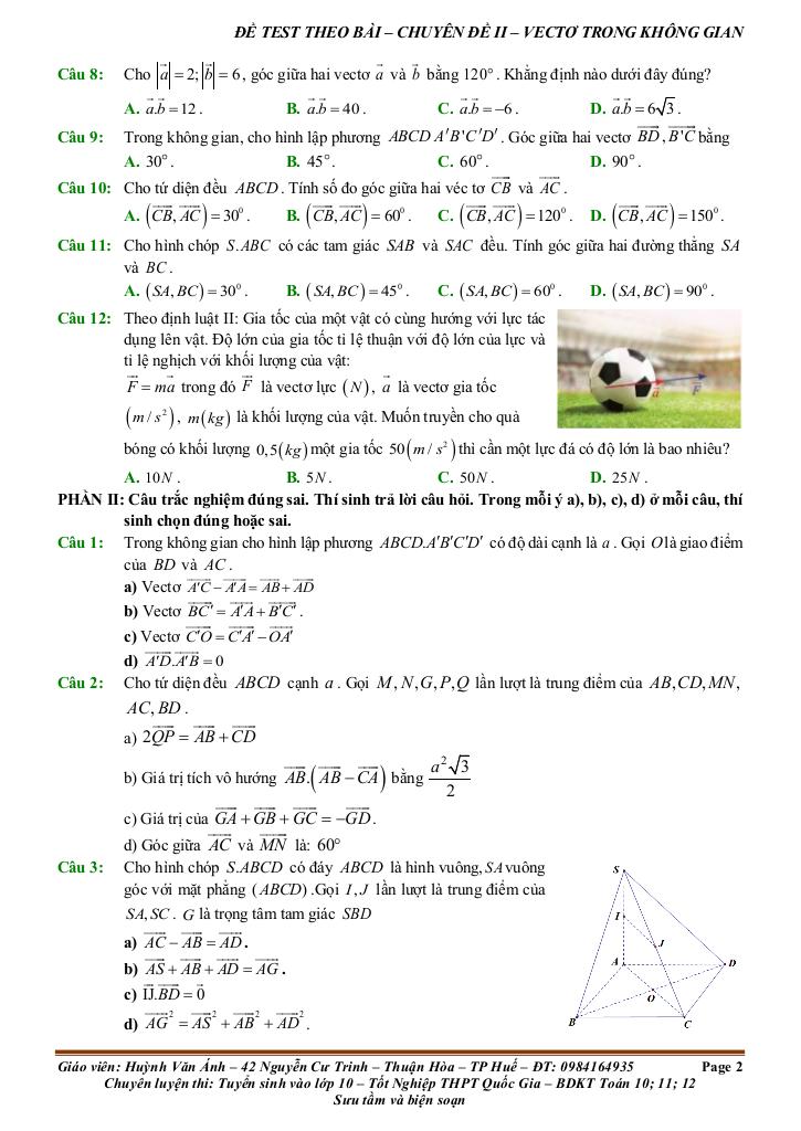 đề kiểm tra theo bài học chủ đề vectơ và hệ trục tọa độ trong không gian 1