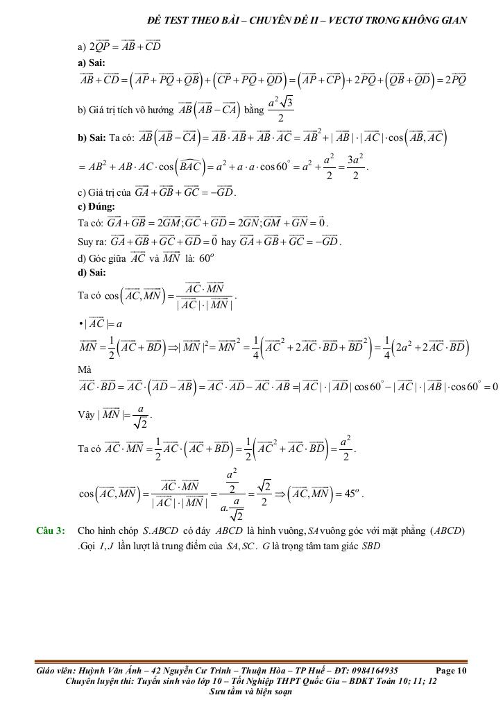 đề kiểm tra theo bài học chủ đề vectơ và hệ trục tọa độ trong không gian 9