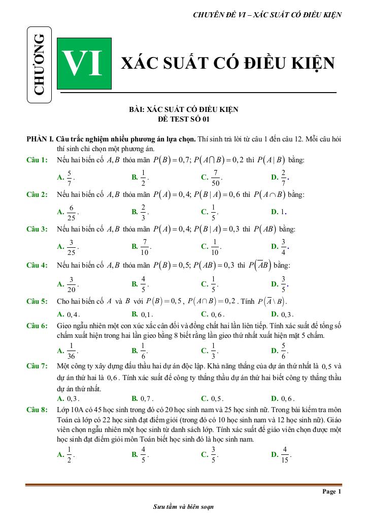 đề kiểm tra theo bài học chủ đề xác suất có điều kiện 0
