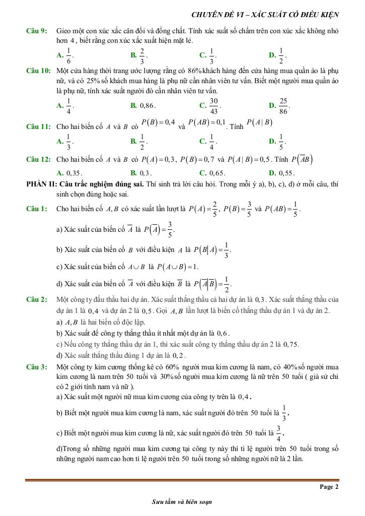 đề kiểm tra theo bài học chủ đề xác suất có điều kiện 1