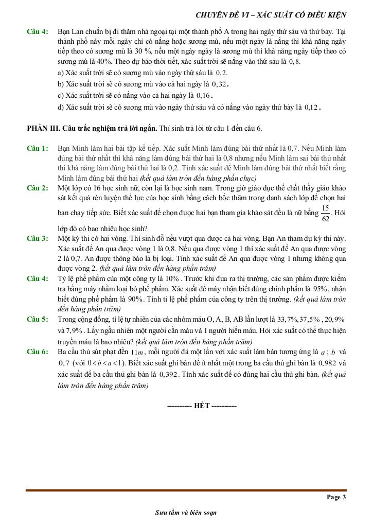 đề kiểm tra theo bài học chủ đề xác suất có điều kiện 2