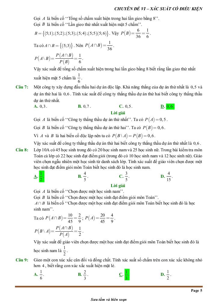 đề kiểm tra theo bài học chủ đề xác suất có điều kiện 4