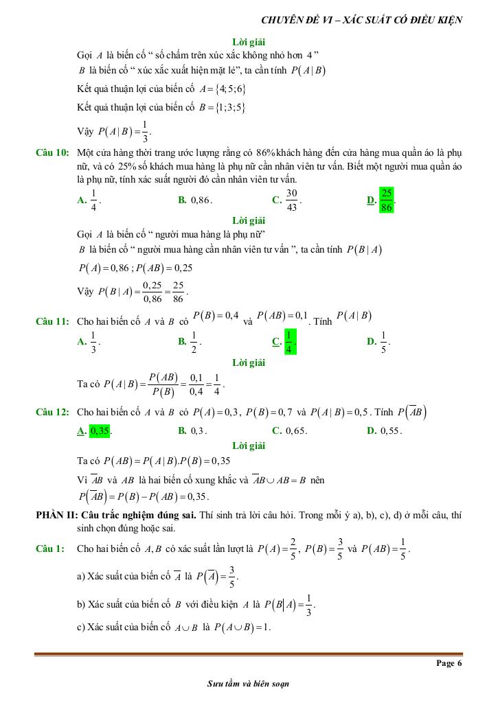 đề kiểm tra theo bài học chủ đề xác suất có điều kiện 5