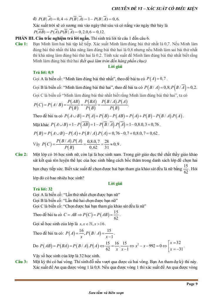 đề kiểm tra theo bài học chủ đề xác suất có điều kiện 8