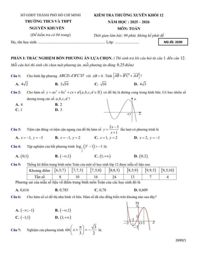 đề kiểm tra thường xuyên toán 12 năm 2025 – 2026 trường nguyễn khuyến – tp hcm 0