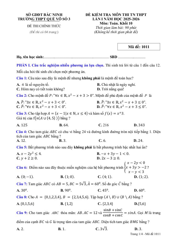 đề kiểm tra toán 10 lần 1 năm 2025 – 2026 trường thpt quế võ 3 – bắc ninh 0