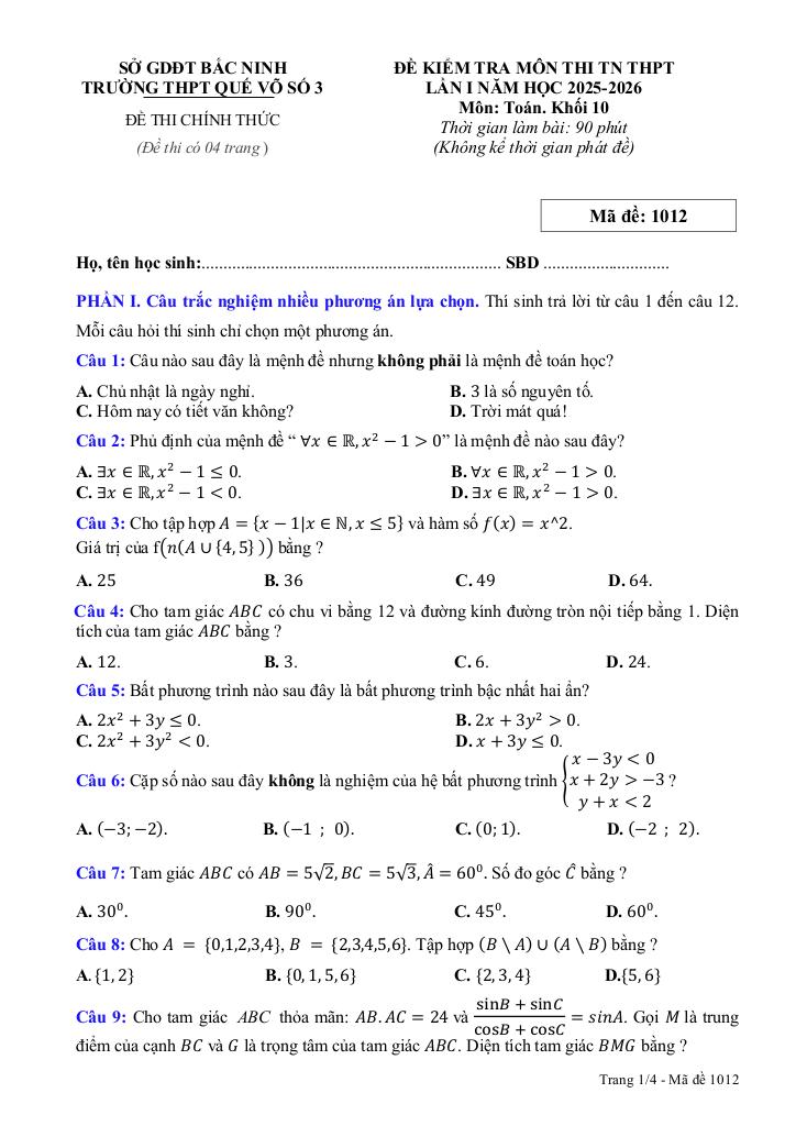 đề kiểm tra toán 10 lần 1 năm 2025 – 2026 trường thpt quế võ 3 – bắc ninh 4