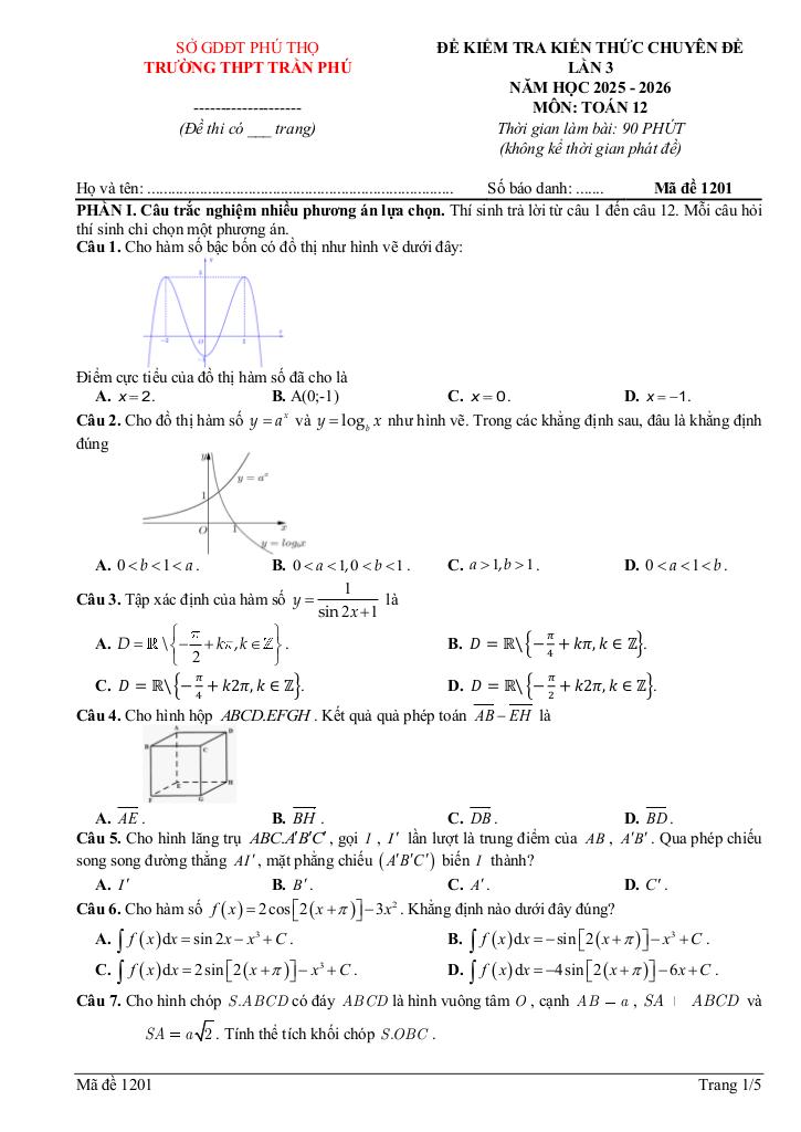 đề kiểm tra toán 12 lần 3 năm 2025 – 2026 trường thpt trần phú – phú thọ - hình 1