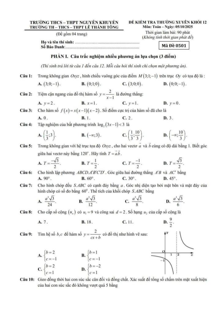 đề kiểm tra toán 12 tháng 10 năm 2025 trường nguyễn khuyến & lê thánh tông – tp hcm 0