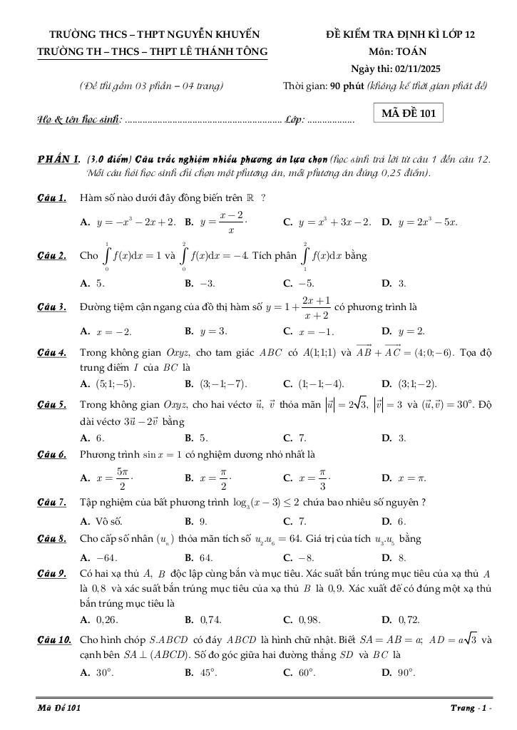 đề kiểm tra toán 12 tháng 11 năm 2025 trường nguyễn khuyến & lê thánh tông – tp hcm 0