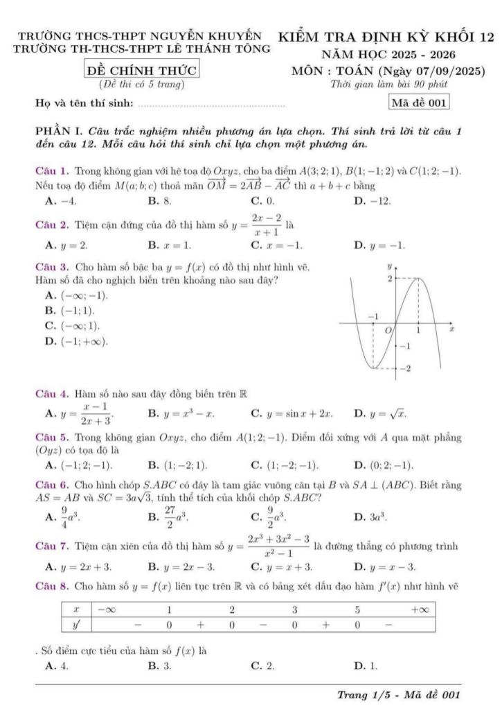 đề kiểm tra toán 12 tháng 9 năm 2025 trường nguyễn khuyến & lê thánh tông – tp hcm 0