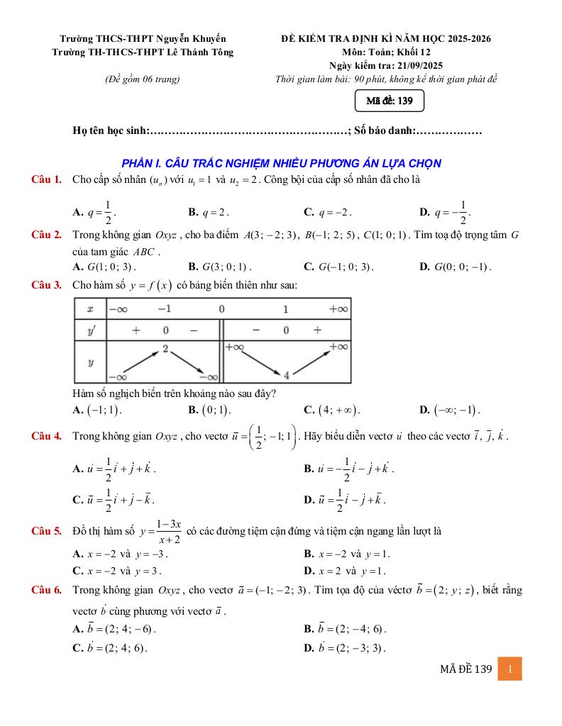 đề kiểm tra toán 12 tháng 9 năm 2025 trường nguyễn khuyến & lê thánh tông – tp hcm 7