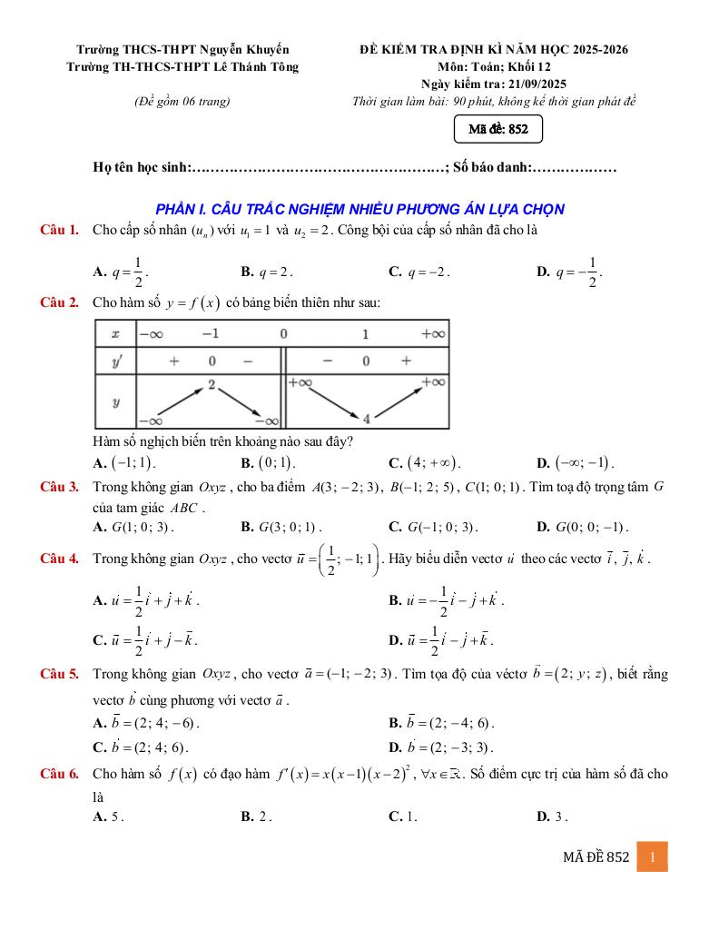 đề kiểm tra toán 12 tháng 9 năm 2025 trường nguyễn khuyến & lê thánh tông – tp hcm 13