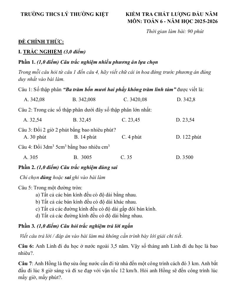 đề kiểm tra toán 6 đầu năm 2025 – 2026 trường thcs lý thường kiệt – tp hcm 0