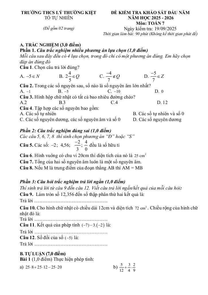 đề kiểm tra toán 7 đầu năm 2025 – 2026 trường thcs lý thường kiệt – tp hcm 0