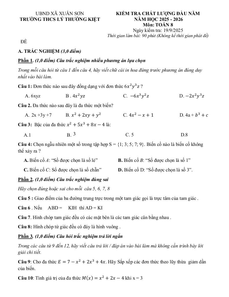 đề kiểm tra toán 8 đầu năm 2025 – 2026 trường thcs lý thường kiệt – tp hcm 0