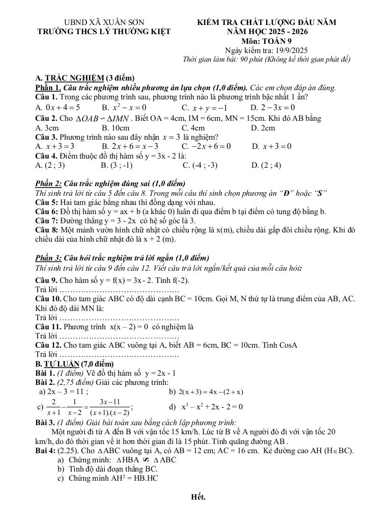 đề kiểm tra toán 9 đầu năm 2025 – 2026 trường thcs lý thường kiệt – tp hcm 0
