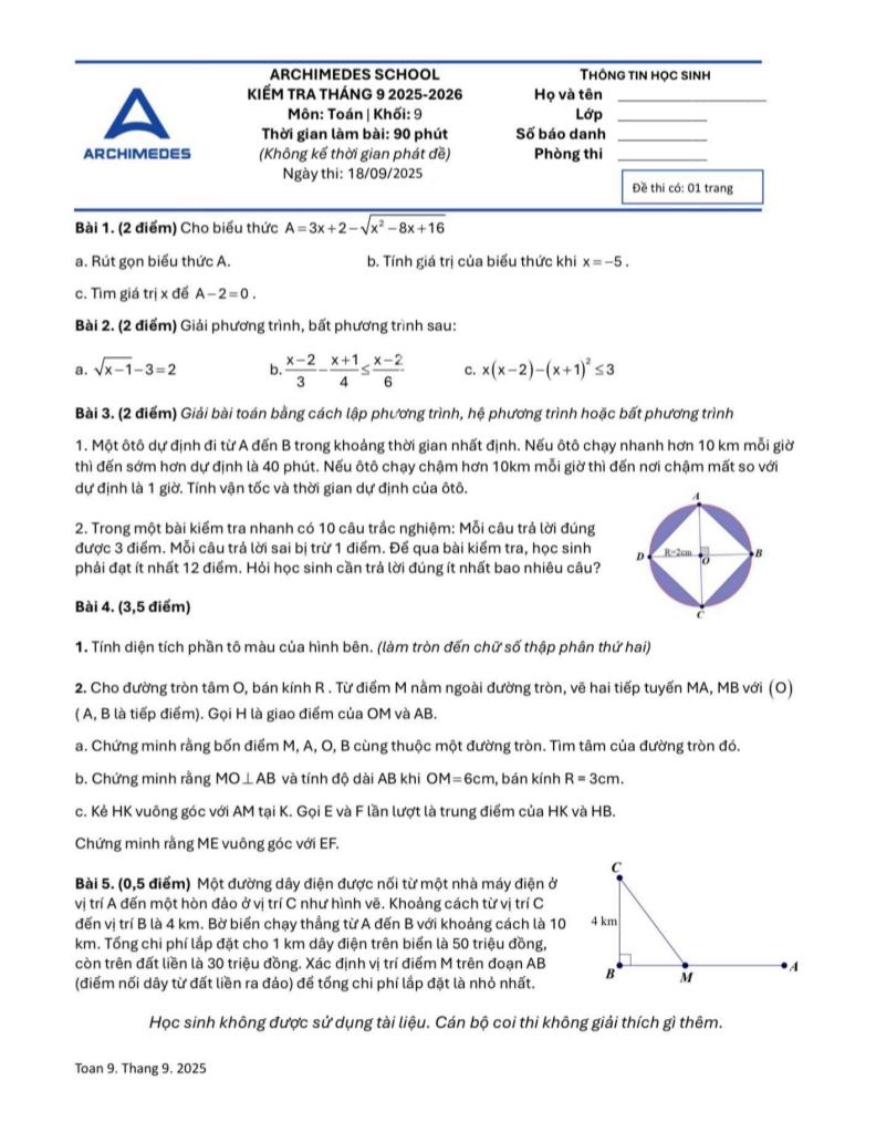 đề kiểm tra toán 9 tháng 9 năm 2025 trường archimedes school – hà nội