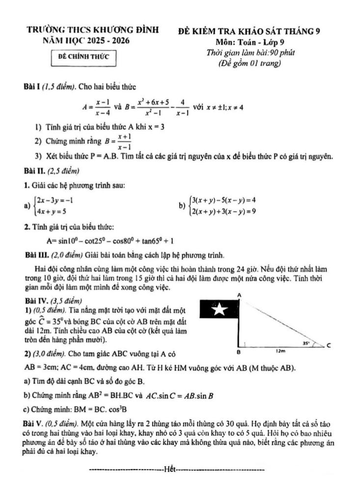 đề kiểm tra toán 9 tháng 9 năm 2025 trường thcs khương đình – hà nội