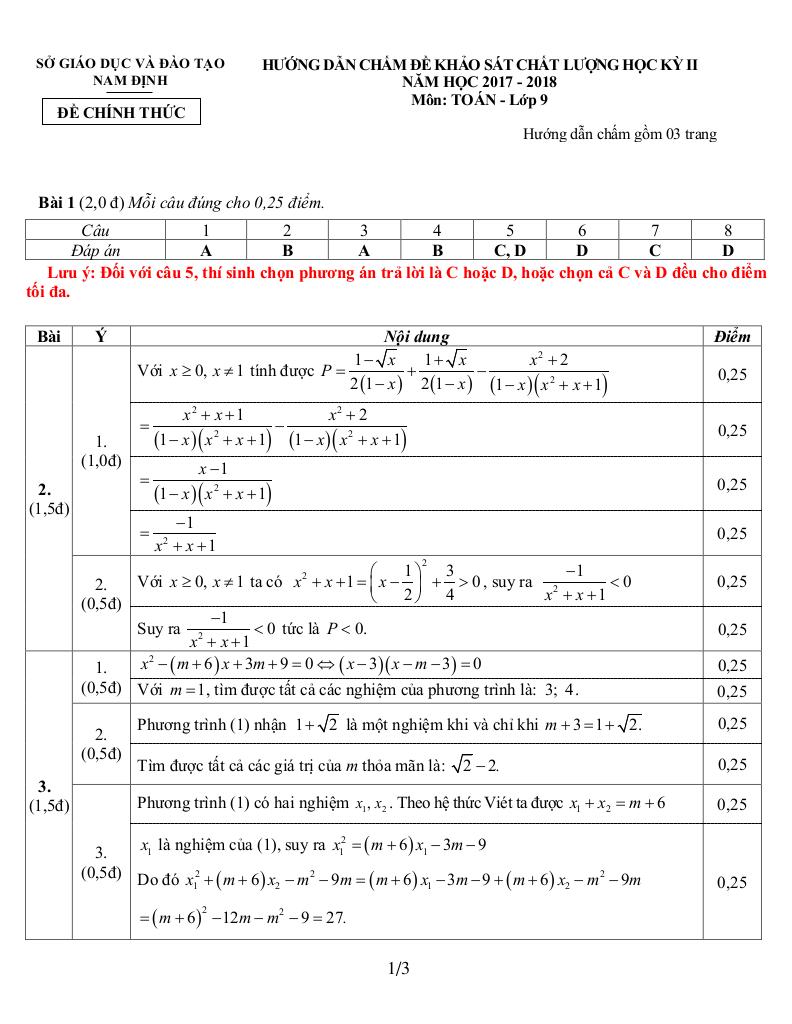 đề kscl học kỳ 2 toán 9 năm học 2017 – 2018 sở gd và đt nam định 1