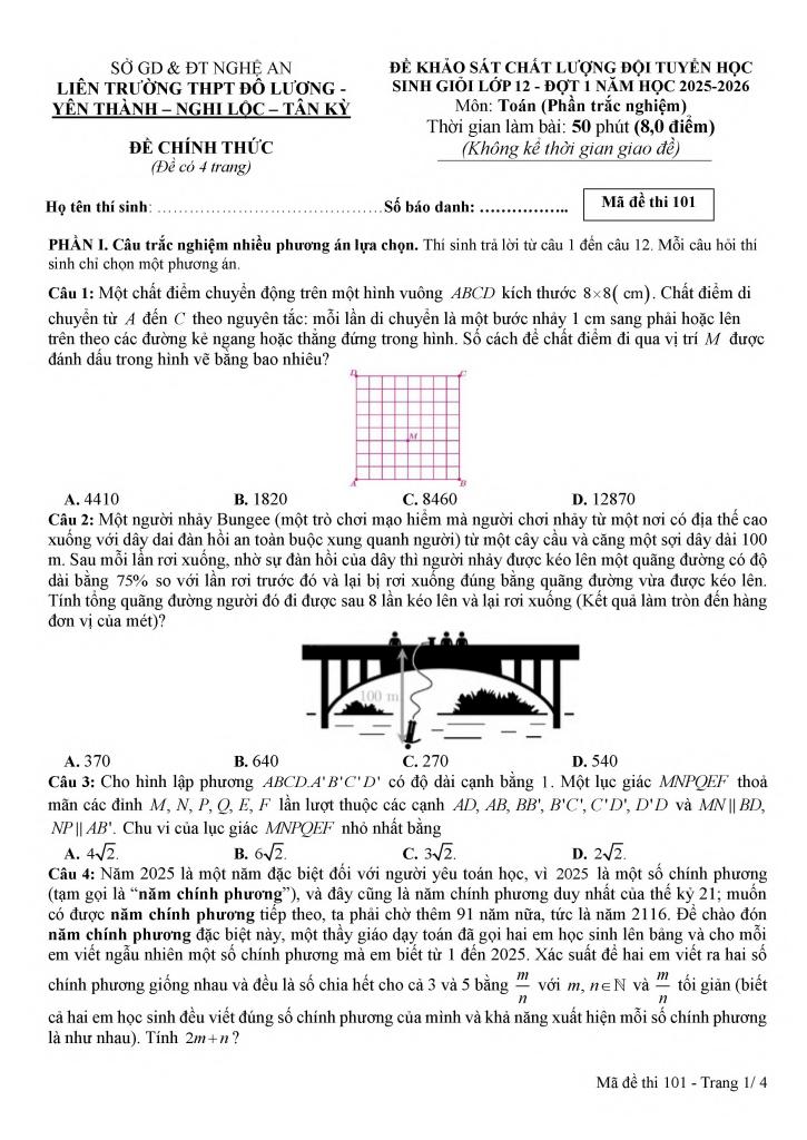đề kscl học sinh giỏi toán 12 đợt 1 năm 2025 – 2026 liên trường thpt – nghệ an 0