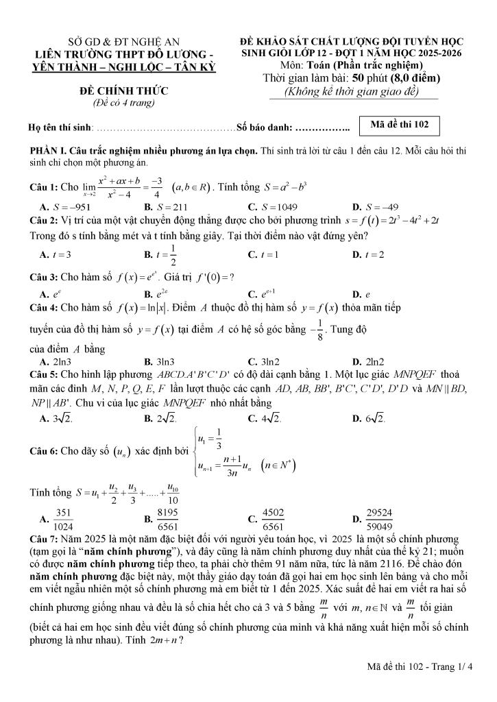 đề kscl học sinh giỏi toán 12 đợt 1 năm 2025 – 2026 liên trường thpt – nghệ an 4