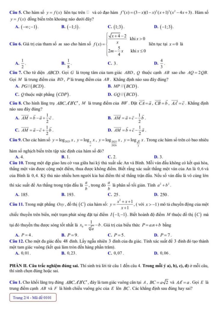 đề kscl học sinh giỏi toán 12 đợt 2 năm 2025 – 2026 liên trường thpt – nghệ an 1