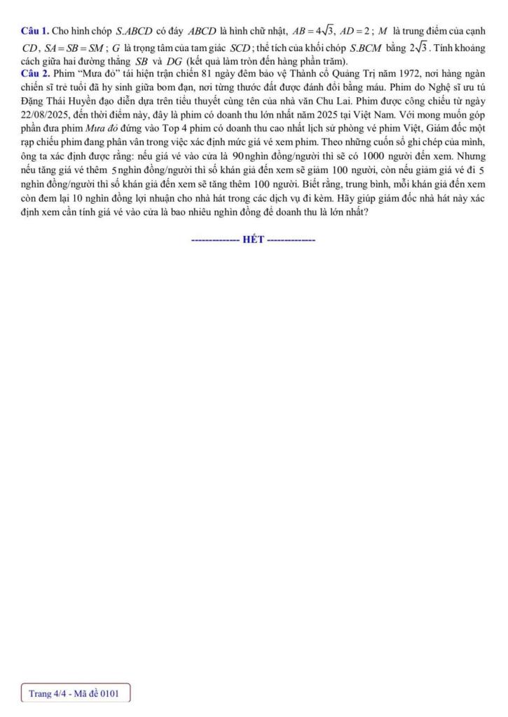 đề kscl học sinh giỏi toán 12 đợt 2 năm 2025 – 2026 liên trường thpt – nghệ an 3