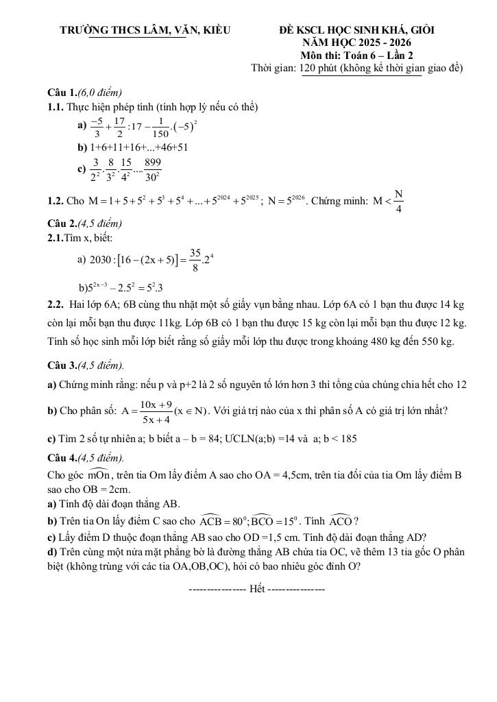 đề kscl học sinh giỏi toán 6 lần 2 năm 2025 – 2026 cụm thcs lâm-văn-kiều – nghệ an - hình 1