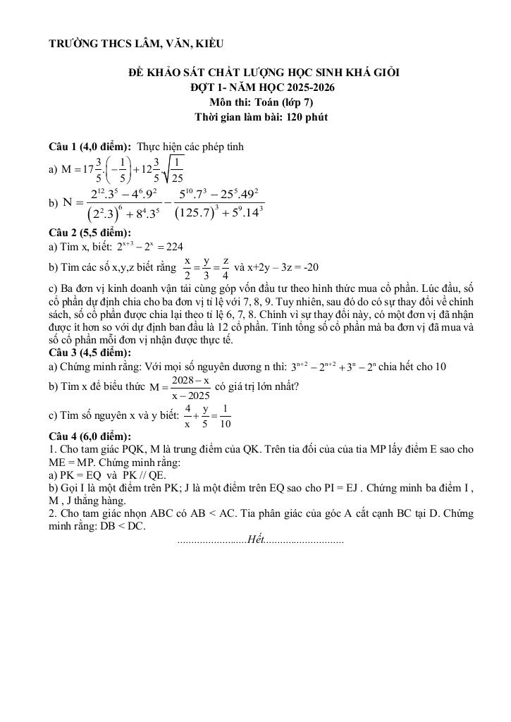 đề kscl học sinh giỏi toán 7 đợt 1 năm 2025 – 2026 cụm thcs lâm-văn-kiều – nghệ an - hình 1