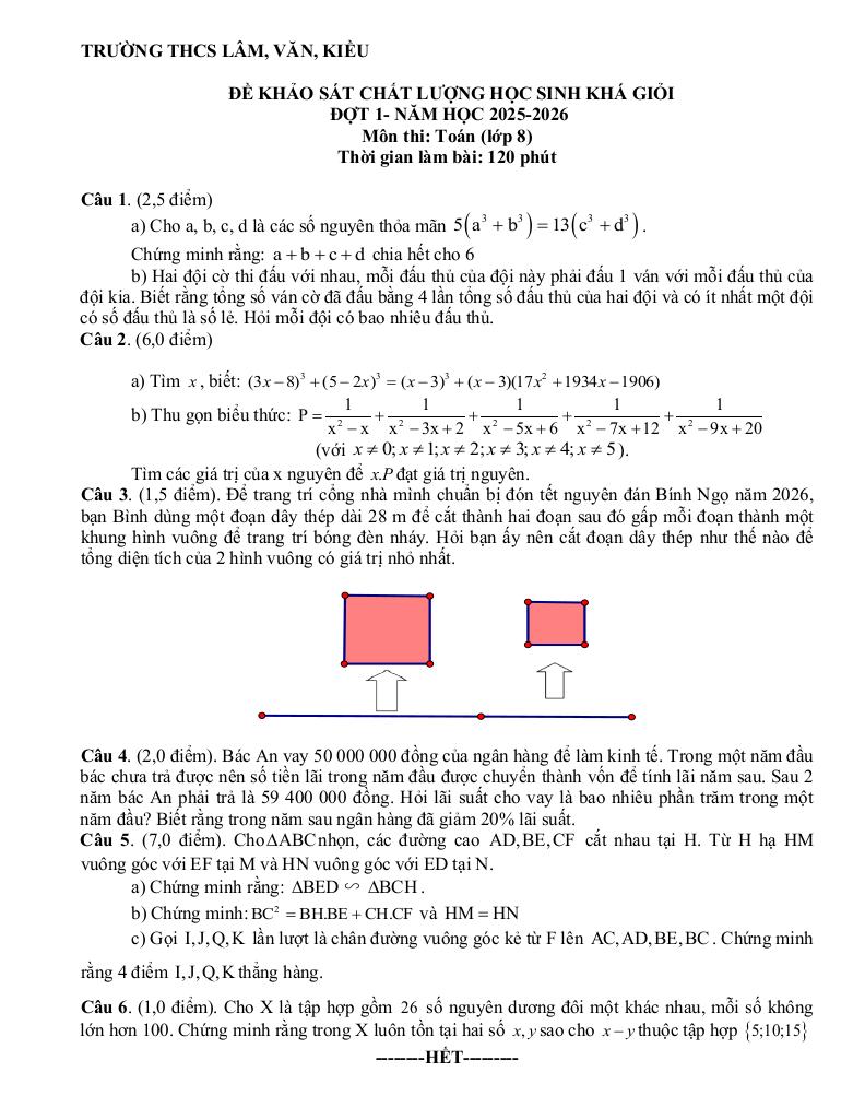 đề kscl học sinh giỏi toán 8 đợt 1 năm 2025 – 2026 cụm thcs lâm-văn-kiều – nghệ an - hình 1