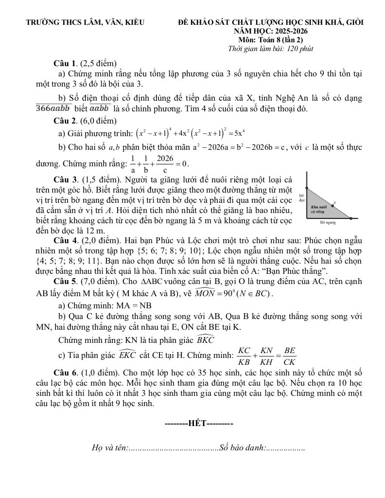 đề kscl học sinh giỏi toán 8 lần 2 năm 2025 – 2026 cụm thcs lâm-văn-kiều – nghệ an - hình 1