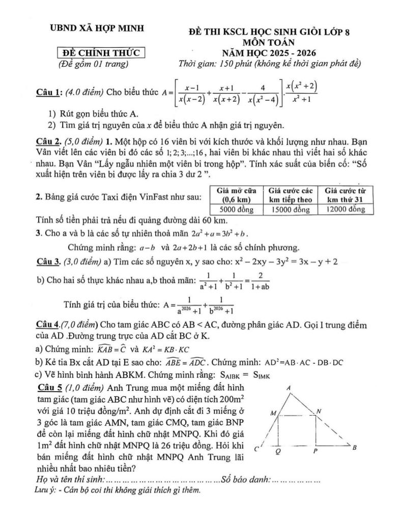 đề kscl học sinh giỏi toán 8 năm 2025 – 2026 xã hợp minh – nghệ an