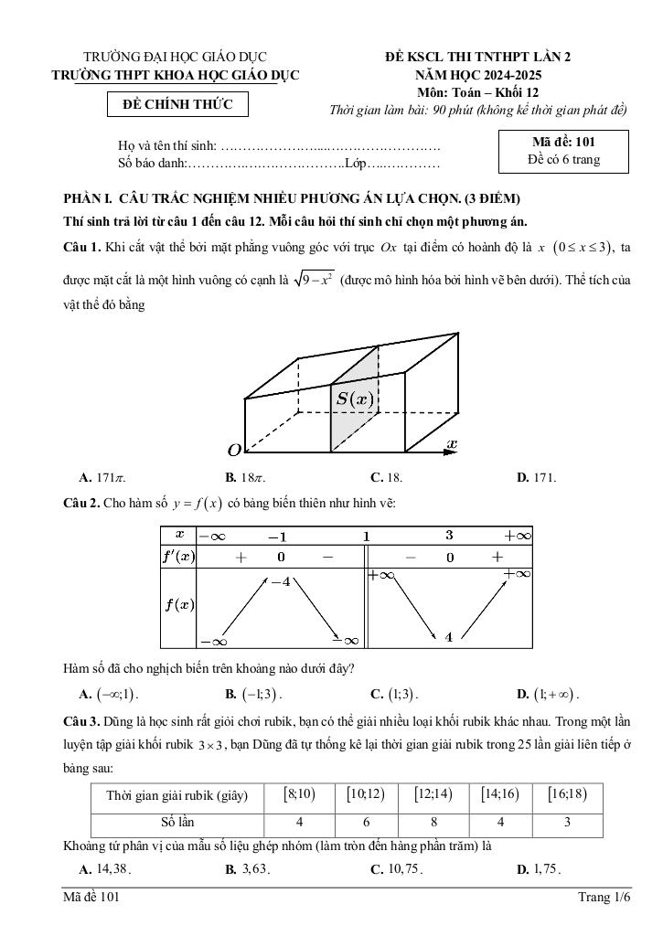 đề kscl toán 12 thi tn thpt 2025 lần 2 trường thpt khoa học giáo dục – hà nội 0
