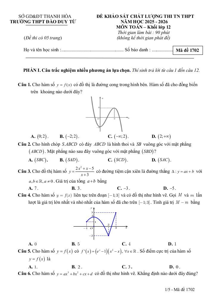 đề kscl toán 12 thi tn thpt 2026 lần 1 trường thpt đào duy từ – thanh hóa 5