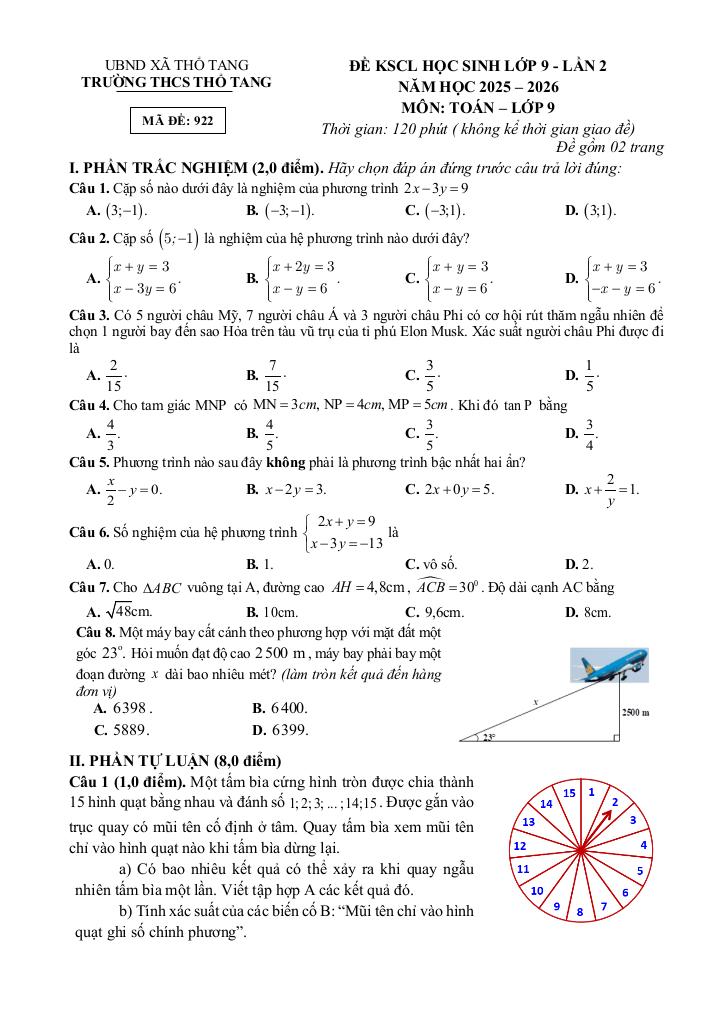 đề kscl toán 9 lần 2 năm 2025 – 2026 trường thcs thổ tang – phú thọ 2