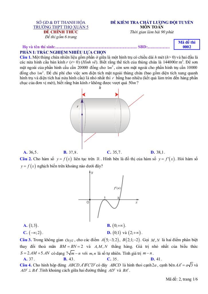 đề ktcl đội tuyển toán năm 2025 – 2026 trường thpt thọ xuân 5 – thanh hóa 6