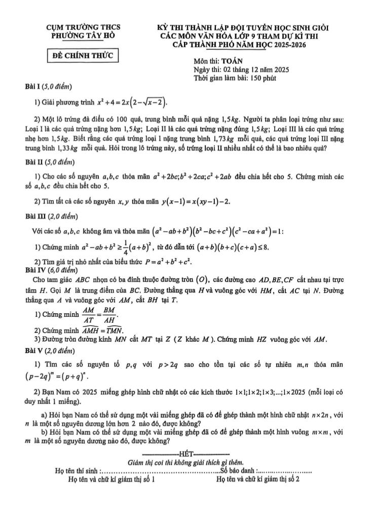 đề lập đội tuyển hsg toán 9 năm 2025 – 2026 cụm thcs phường tây hồ – hà nội