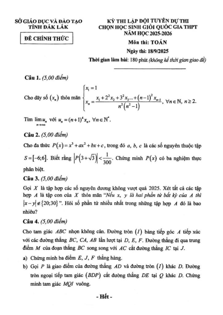 đề lập đội tuyển thi hsg qg môn toán thpt năm 2025 – 2026 sở gd&đt đắk lắk 1