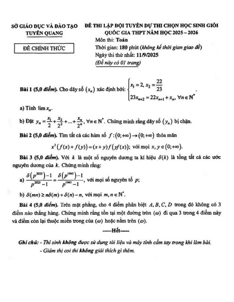 đề lập đội tuyển thi hsg qg môn toán thpt năm 2025 – 2026 sở gd&đt tuyên quang 0