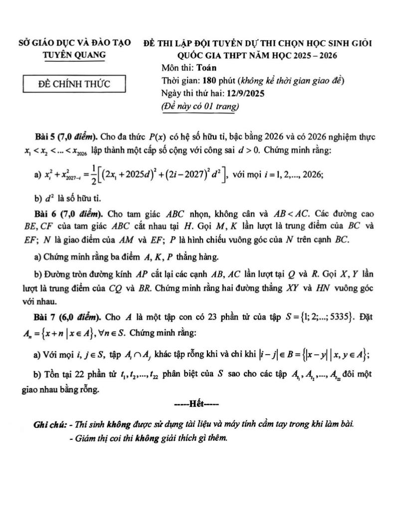 đề lập đội tuyển thi hsg qg môn toán thpt năm 2025 – 2026 sở gd&đt tuyên quang 1