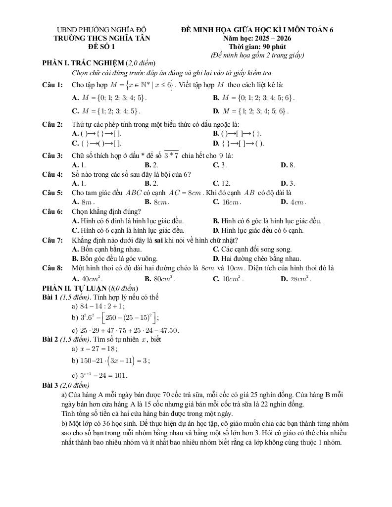 đề minh họa giữa kì 1 toán 6 năm 2025 – 2026 trường thcs nghĩa tân – hà nội 0