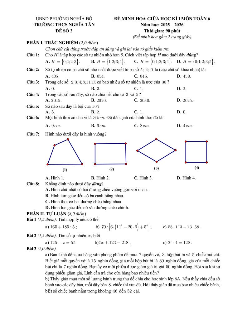 đề minh họa giữa kì 1 toán 6 năm 2025 – 2026 trường thcs nghĩa tân – hà nội 4